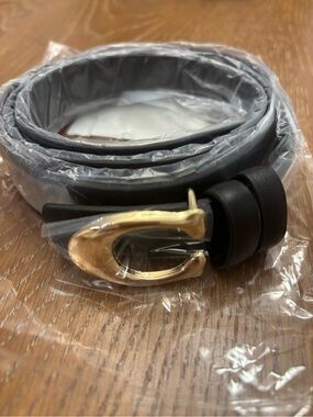 Black Leather Belt with Gold C-Shaped Buckle
